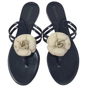 AUTH Chanel Black Jelly Camellia Interlocking CC Thong Sandals 40 EU